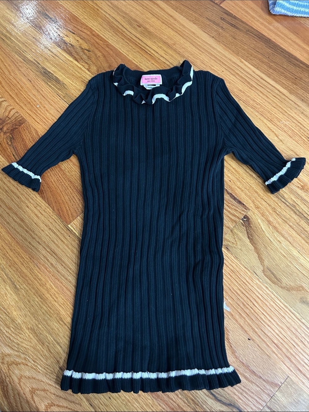 kate spade Black Knit Ruffle-Trim short sleeve sweater with white Accents